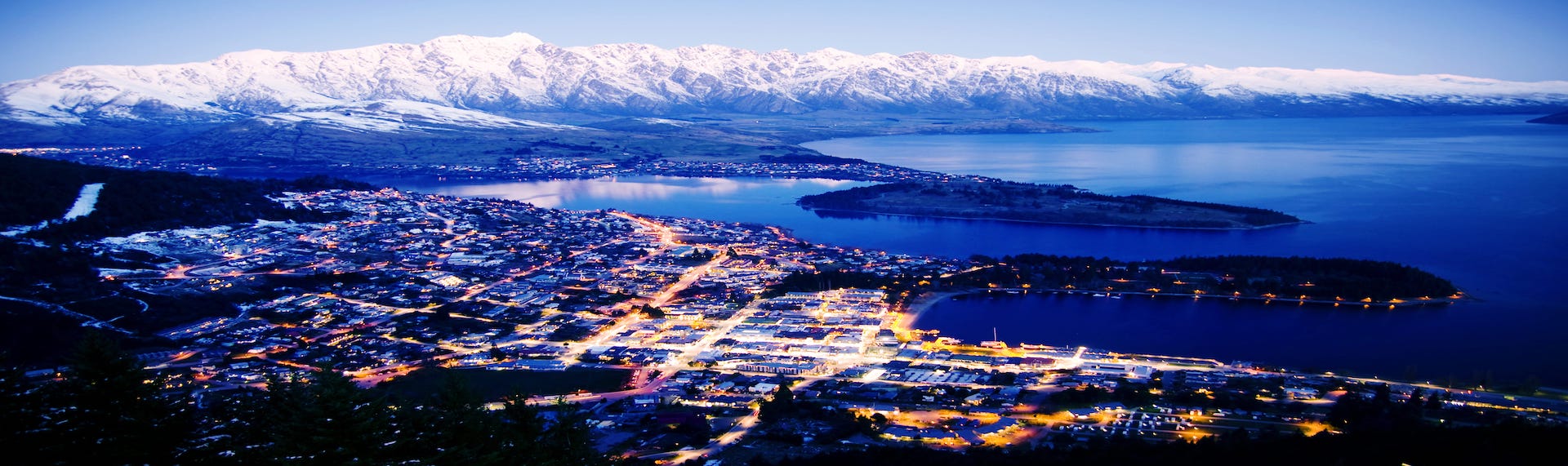 View of Queenstown New Zealand at night time during winter